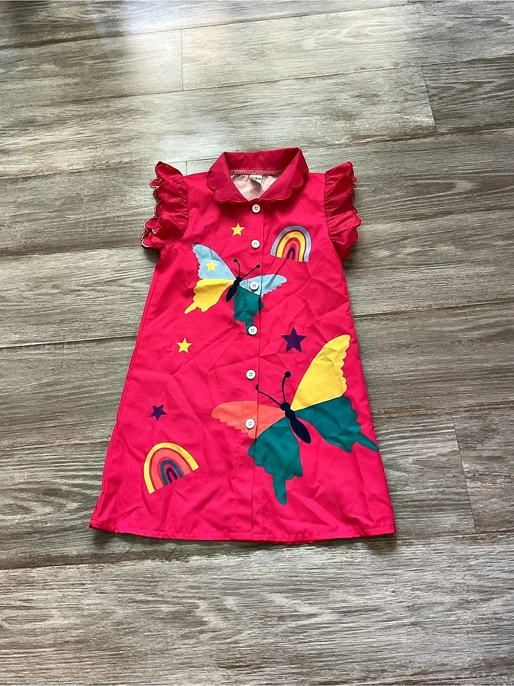 Girls Pink & Multicolor Ruffle Sleeve Dress
